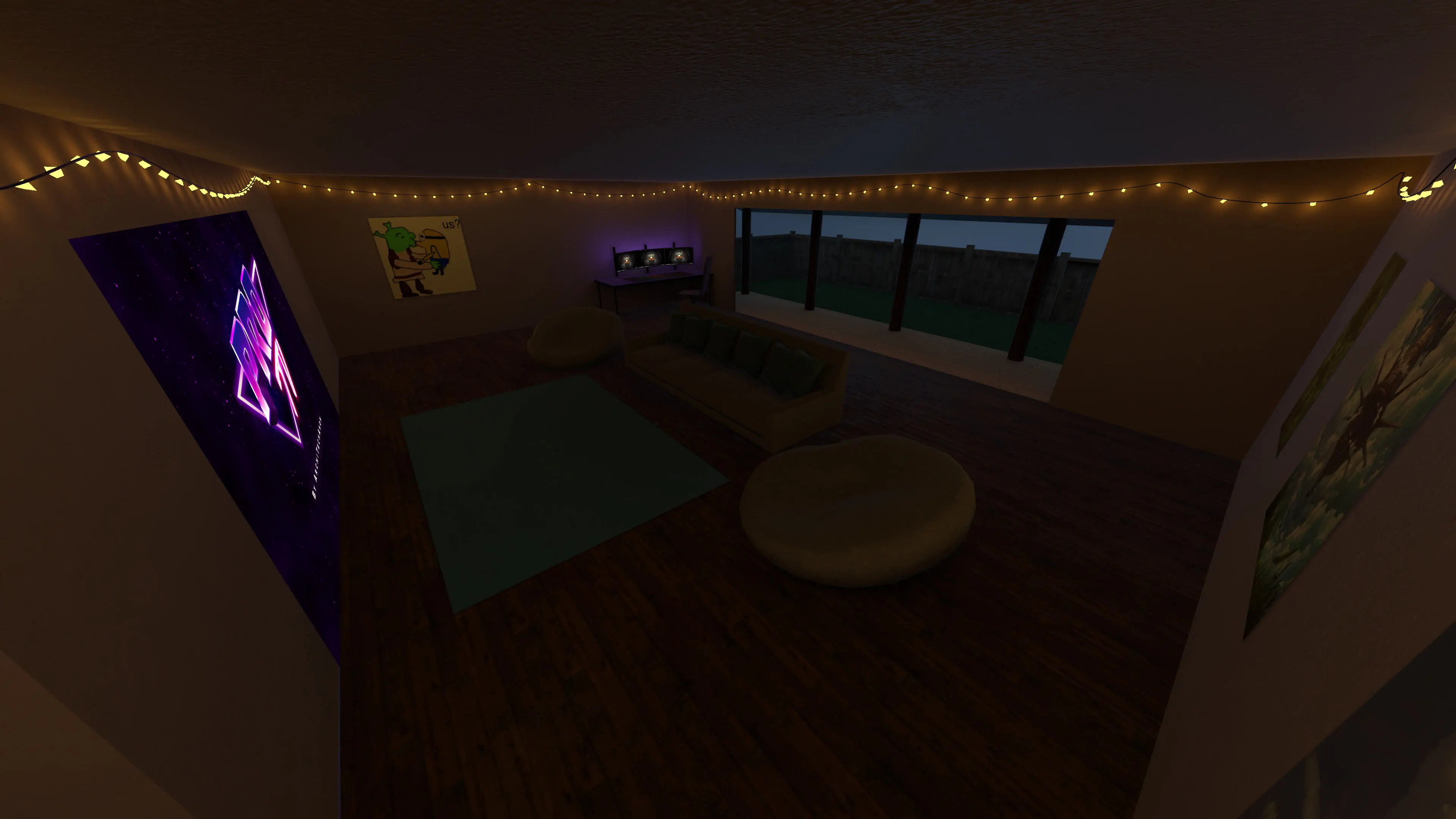 The main room from the entrance, featuring bean bags, a couch, fairy lights, a TV, and a computer in the background. A back porch with an open design.