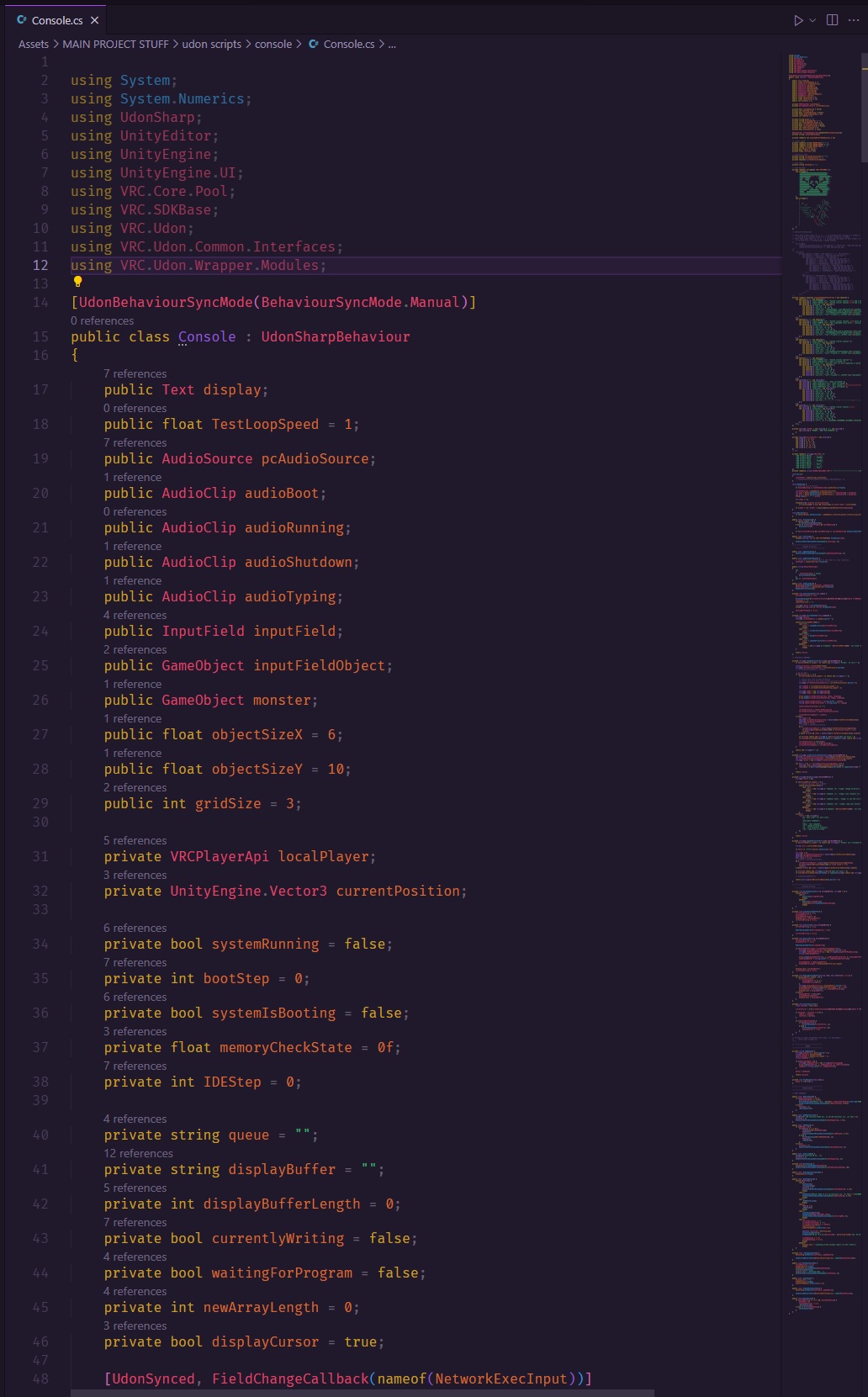 The code for the server console for the game, totaling 750 lines of UdonSharp code.