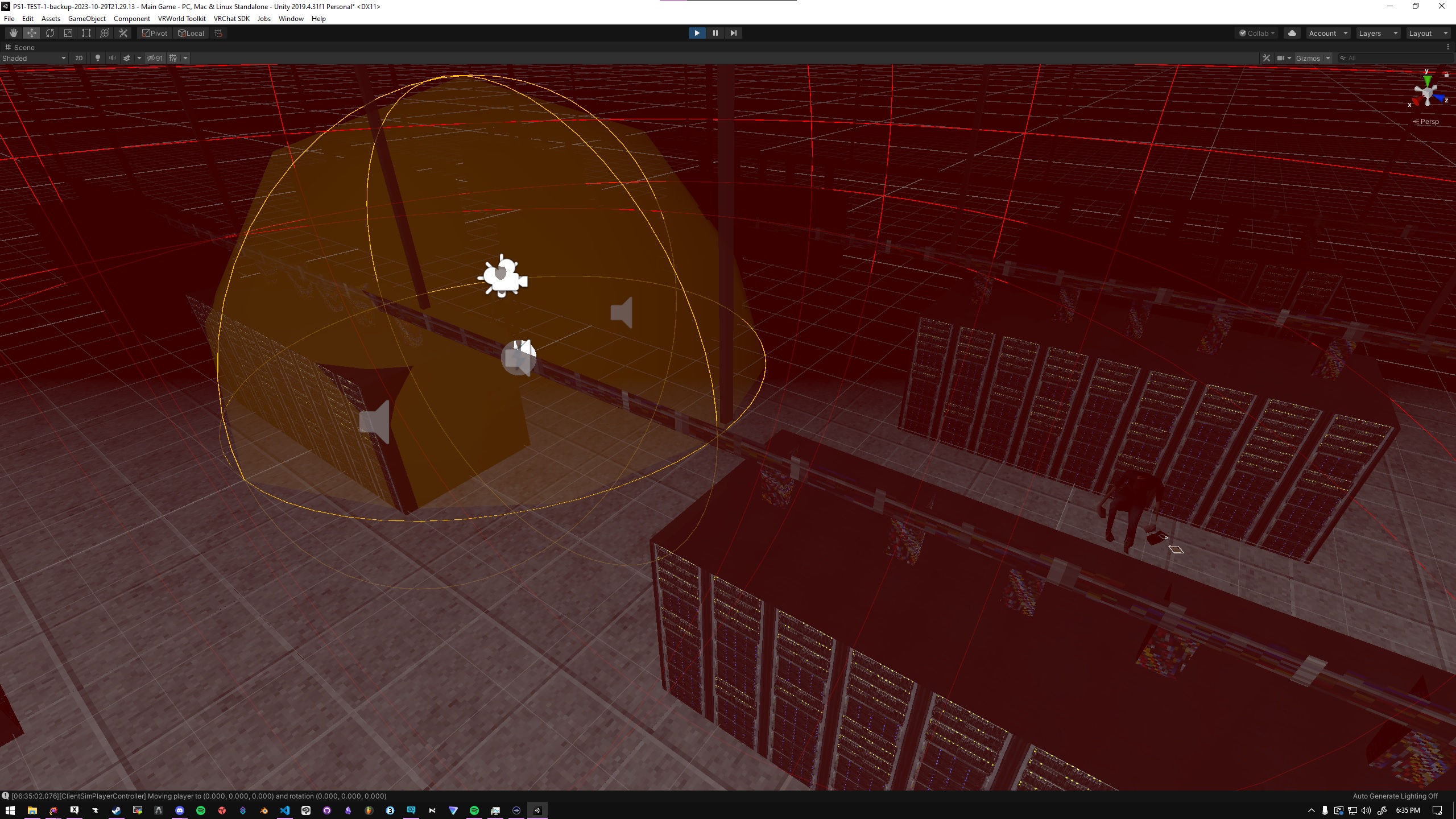 The Unity 2019 Project, showing the game running. This includes many audio sources (the spheres with wireframes) and an overhead POV of the starting area.