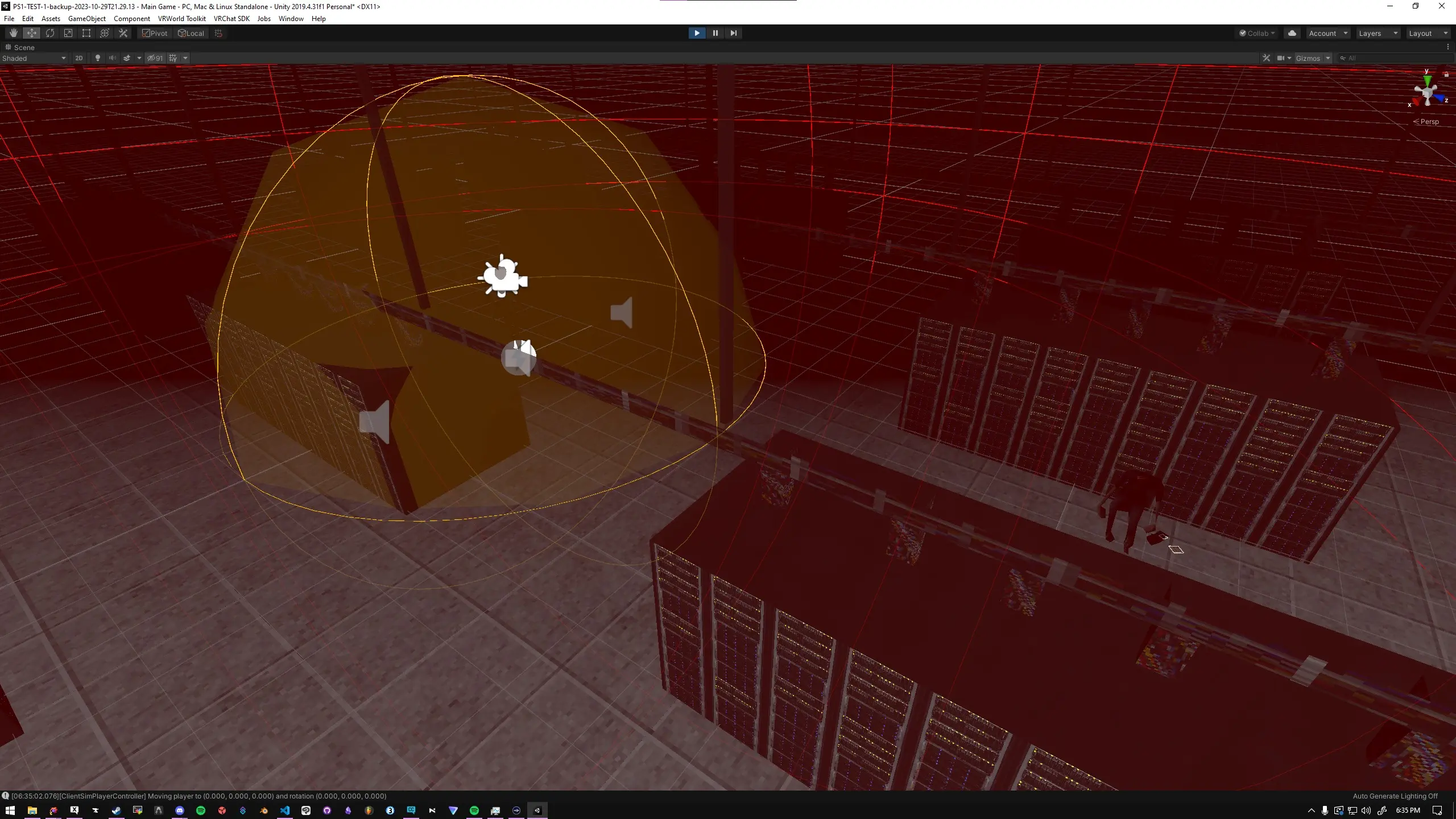 The Unity 2019 project, showing the game running with audio sources (the spheres with wireframes) and an overhead view of the starting area.