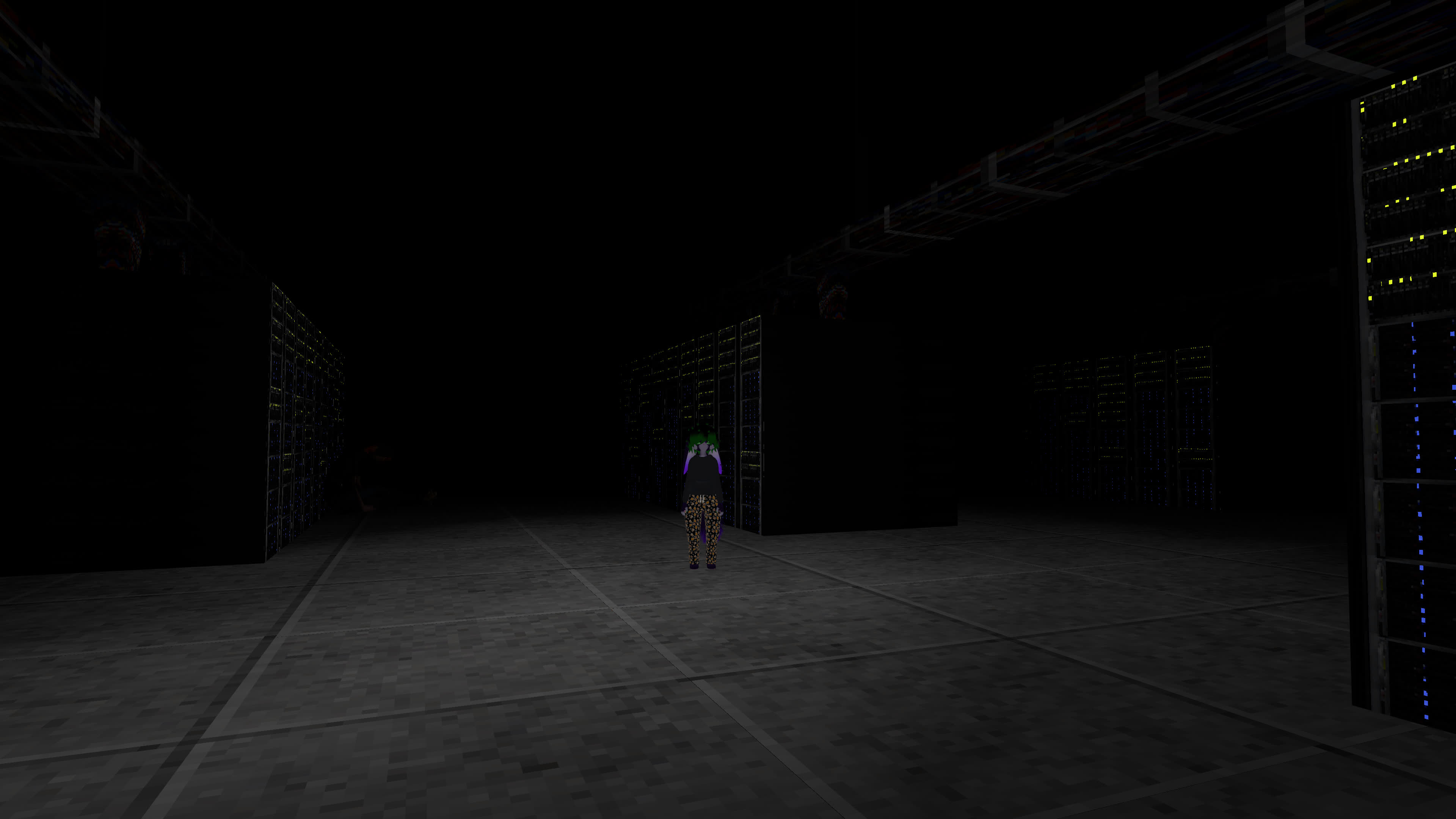 Me standing in the middle of some server racks, with a light focused around my player, reflecting off the floor and surrounding server racks.