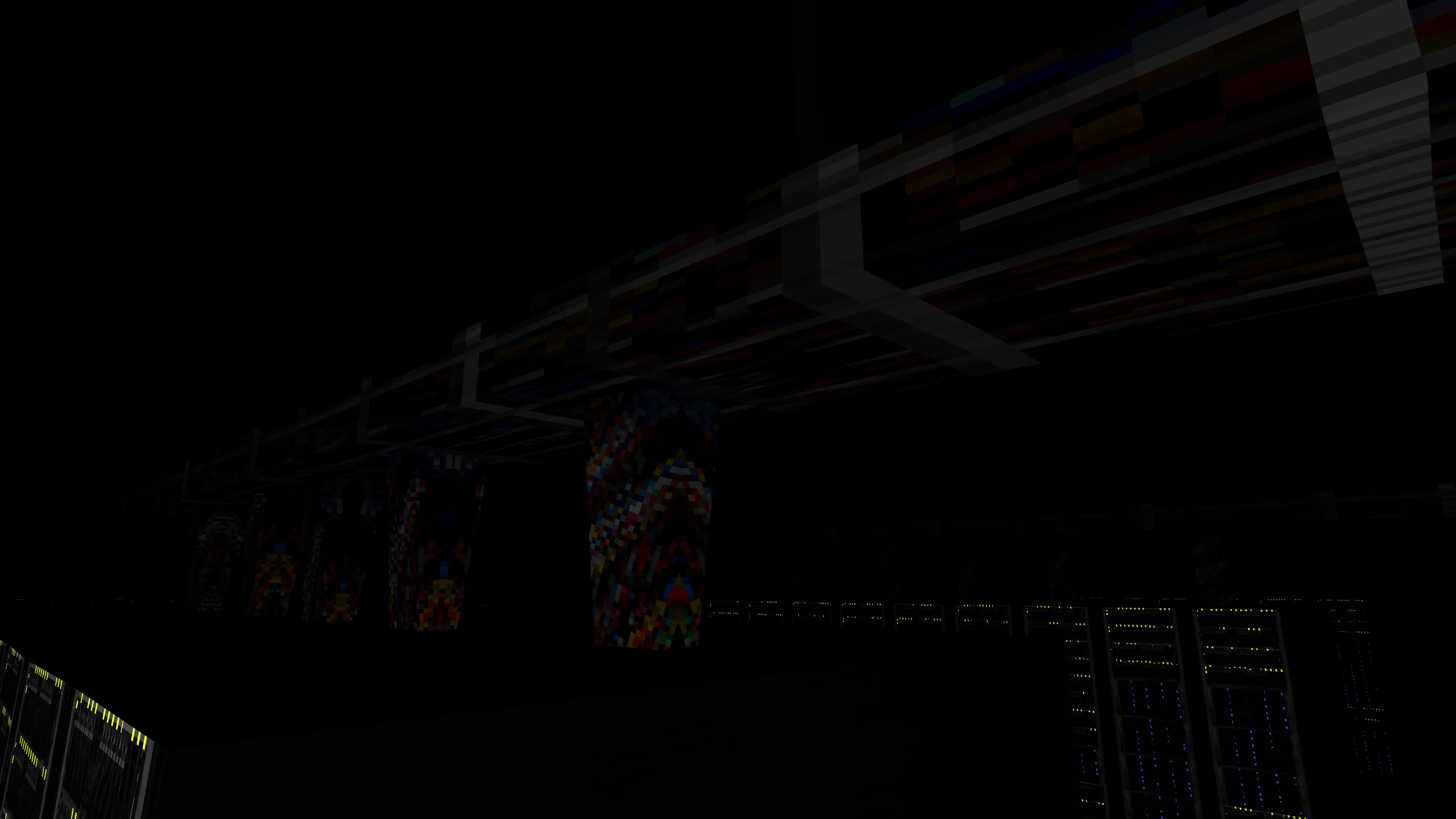 The cable bundles and overhead wiring that go into the server racks.